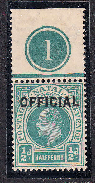 Natal 1904 KE 1/2d OFFICIAL plate 1 , M/H    (SACC 1 , CV R 90)