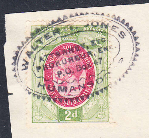 Union of South Africa 1931-37 KG V small format 2d revenue on piece , used