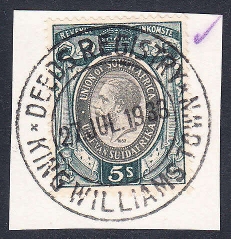Union of South Africa 1931-37 KG V small format 5s revenue on piece , used