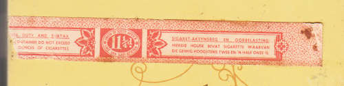 Union of South Africa 11 1/4d Cigarette Tax revenue label on Mills tin