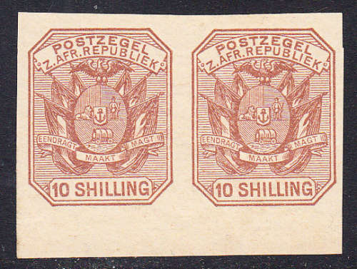 Transvaal 1895 10s pale chestnut imperf plate proof pair , Mint  ( full gum)