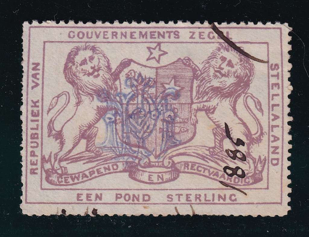 Stellaland (Bech) 1886 £1 revenue duty with violet monogram, use            ( no gum, BF 17, CV £35)