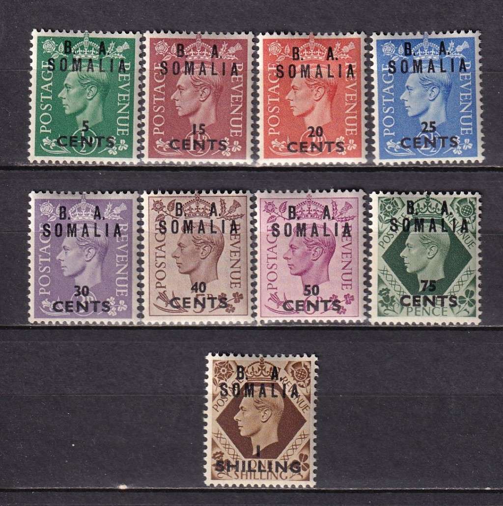 GB post offices abroad 1950 ( B.A. Somalia) surcharged part set, M/H          (SG S21-S29)