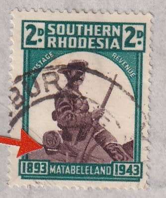 Southern Rhodesia 1943 2d with VARIETY SADDLE BAG FLAW, used       ( SACC 63c,  CV R200)