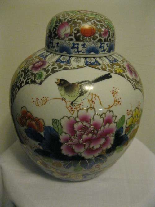 Stunning Large Ginger Jar Decorated with Birds & Flowers