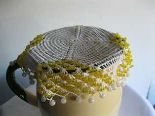 Vintage Beaded Milk Cosie with Yellow & White Beads