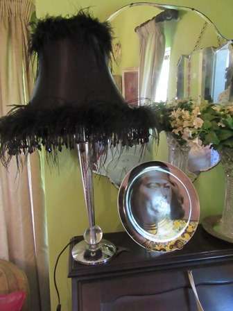 Stunning Silver Chrome Lamp with Black Feathered and Beaded Shade