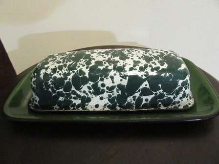 Enamel Green & White Sponge Wear Butter / Cheese Dish with Lid