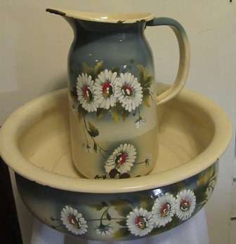 Vintage Enamel Jug ,Basin & Chamber Pot  with Hand Painted Daisies