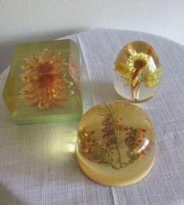 Stunning Set of Three Paperweights in Different Shapes with Dry Flowers inside the Paperweights