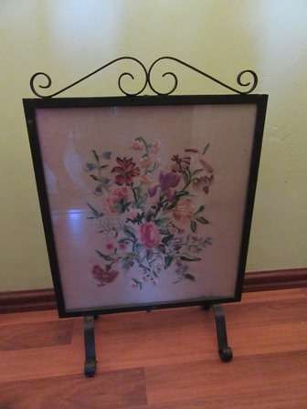 Stunning Vintage Wrought Iron & Embroidery Fire Screen