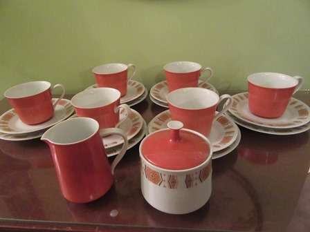 Late Listing - Retro Style 6x Trios with Sugar Basin & Milk Jug