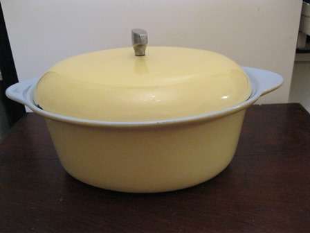 Large Cast Iron & Enamel Cassorole Dish Oval Pale Yellow & Blue
