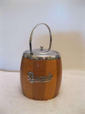 Biscuit Barrel in wood with a silver plate / chrome handle
