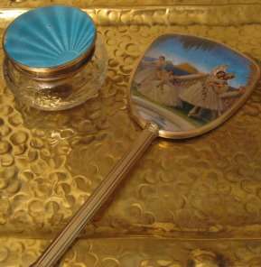 Silver Plated Crysral and Light Blue Enamel Powder Jar with Ballerina Hand Held Mirror