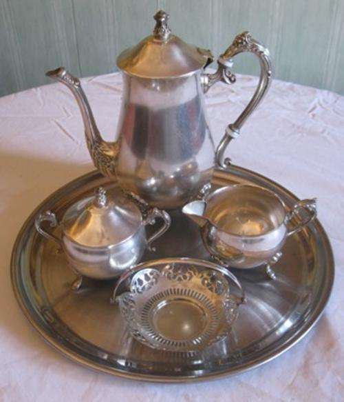 Silver Plated Tea / Coffee Set with silver plated biscuit basket and a Free Tray