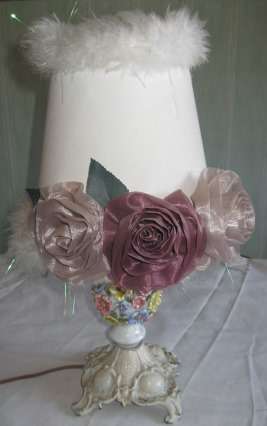 Italian Style Table Lamp with Porcelain Flowers and Matching Shade with Roses