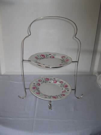 Stunning Silver Plated Double Tier Cake or Cookie Stand with Porcelain Plates