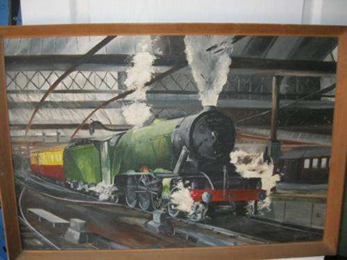 Painting of a Steam Train By CJ Southgate 1967 on Board