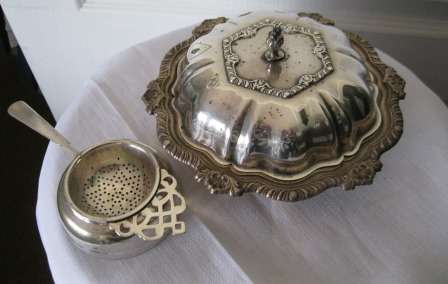 Vintage Silver Plated Butter Dish with Strainer and Tea Strainer & Holder