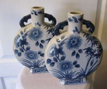 Pair of Blue & White Moon Flask Vase Decorated with bamboo & Flowers