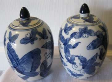 Pair of Blue & White Ginger Jars with Butterflys