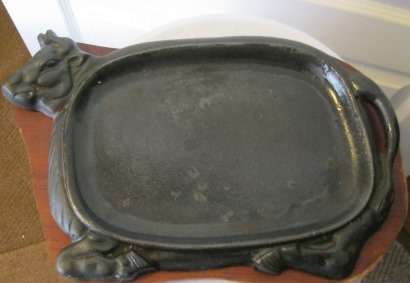 Vintage Cast Iron Steak Platter with Wood Underliner shaped as a Bull