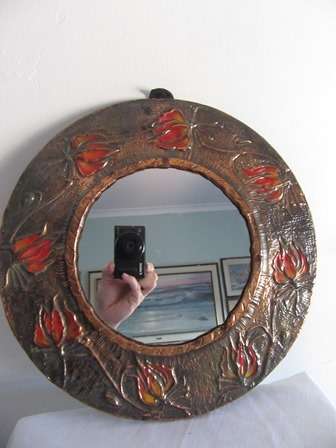 Vintage Round Copper & Flame Lily Mirror