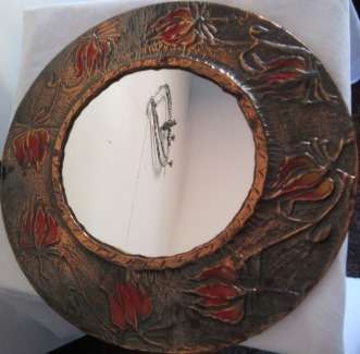 Vintage Round Copper & Flame Lily Mirror