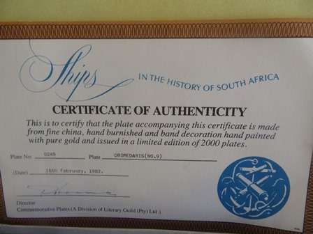 History Of SA Ships Rack Plates With Letter of Authenticity - Dromedaris