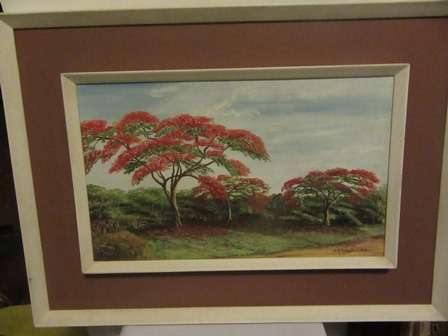 Painting By Rhodeasian Artist Sheila McRoberts of a Row of Flamboyant Trees 1978