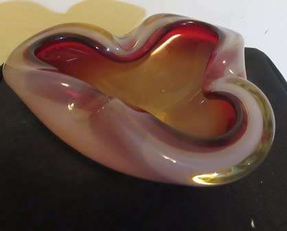 Large Vintage Murano Red , Amber & Milk Glass Ashtray/ Bowl