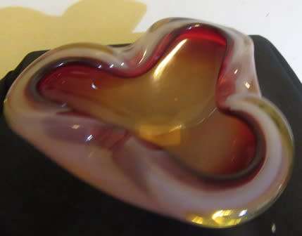 Large Vintage Murano Red , Amber & Milk Glass Ashtray/ Bowl