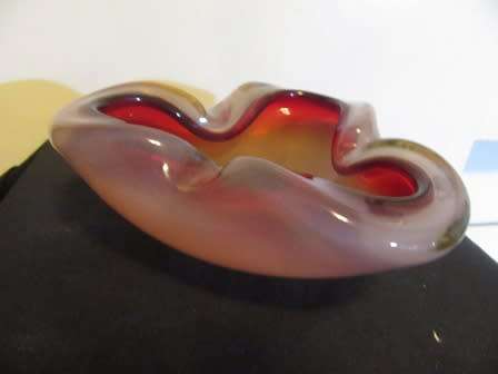 Large Vintage Murano Red , Amber & Milk Glass Ashtray/ Bowl