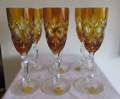 Gold Genuine Lead Crystal Set of  6 Champagne Flute Glasses Made in West Germany