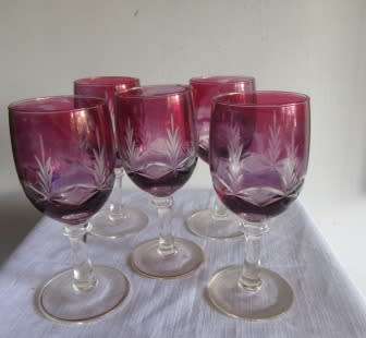 Set of 5 Cranberry Sherry/ Wine Glasses