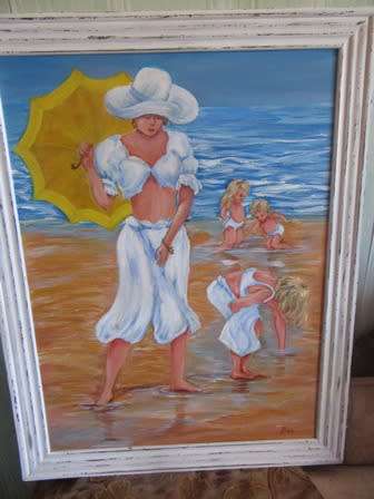 SA Artist Bea Painting of Mother and Children on the Beach Framed