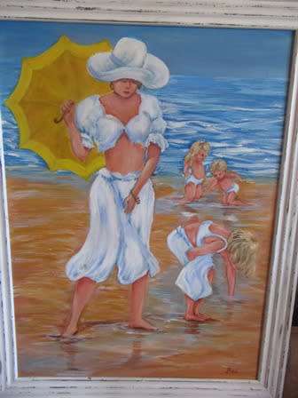 SA Artist Bea Painting of Mother and Children on the Beach Framed
