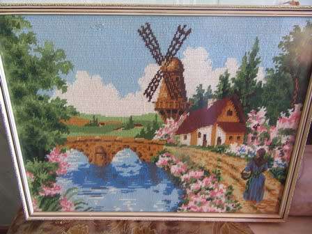 Tapestry Framed of a Windmill & Landscape