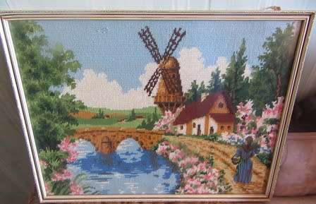Tapestry Framed of a Windmill & Landscape