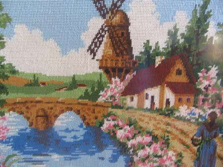 Tapestry Framed of a Windmill & Landscape