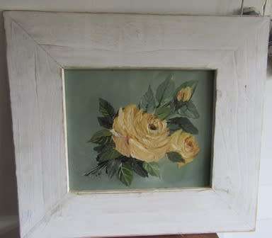 Framed in a Shabby Chic frame is a Rose Painting done in Oils on Board