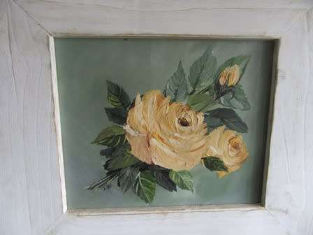 Framed in a Shabby Chic frame is a Rose Painting done in Oils on Board