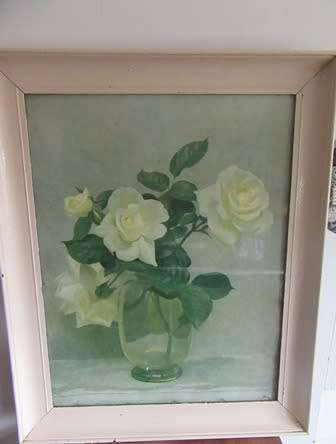 Framed Vintage Rose Print of White Roses in a Vase