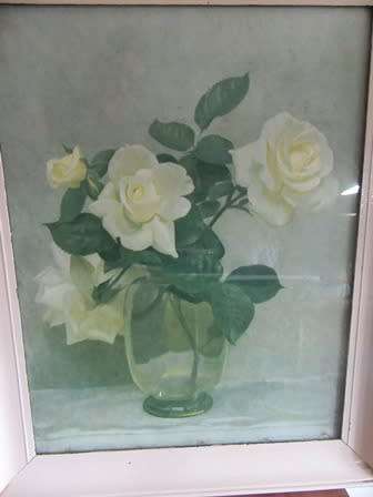 Framed Vintage Rose Print of White Roses in a Vase