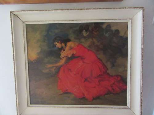 Oleograph of "The Red Dress"Flamenco Dancer by F. Rodriguez Sanchez Clement