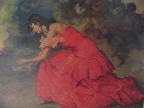 Oleograph of "The Red Dress"Flamenco Dancer by F. Rodriguez Sanchez Clement