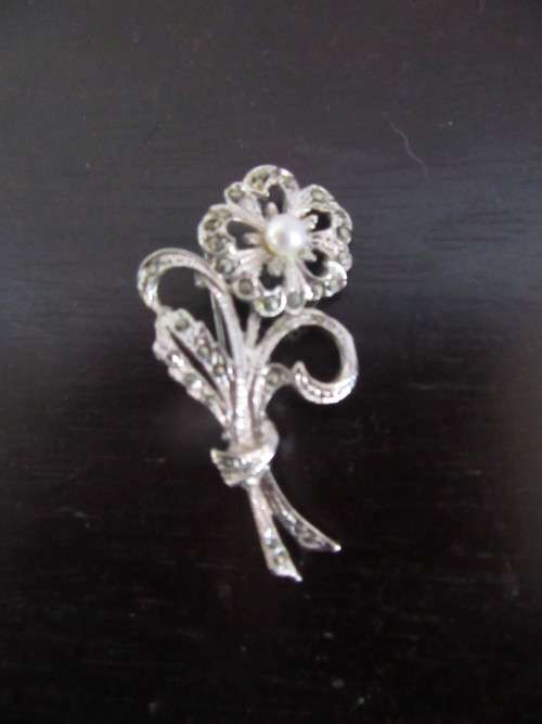 Gorgeous Marcasite Flower Brooch with Pearl