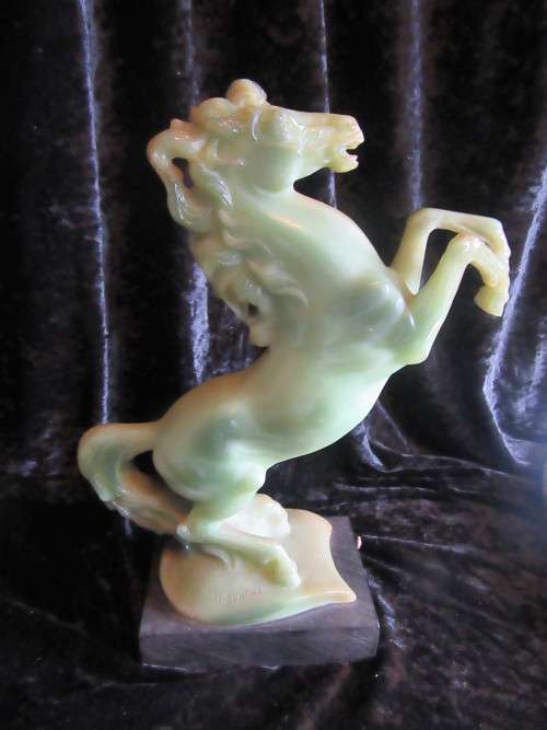 Signed A. Santini Rearing Horse Sculpture Green Jade In Colour