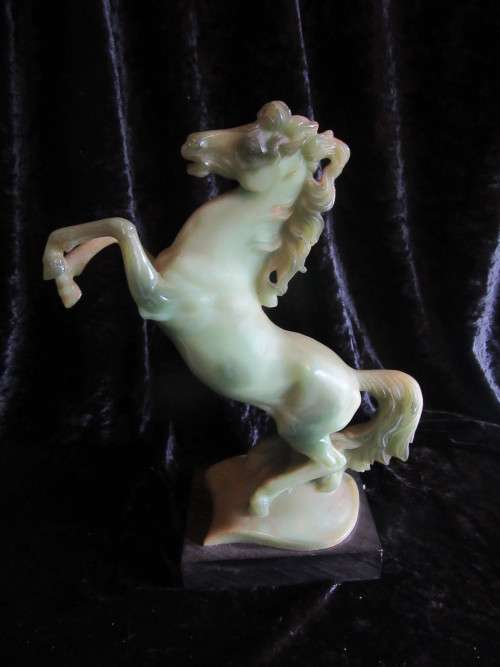 Signed A. Santini Rearing Horse Sculpture Green Jade In Colour